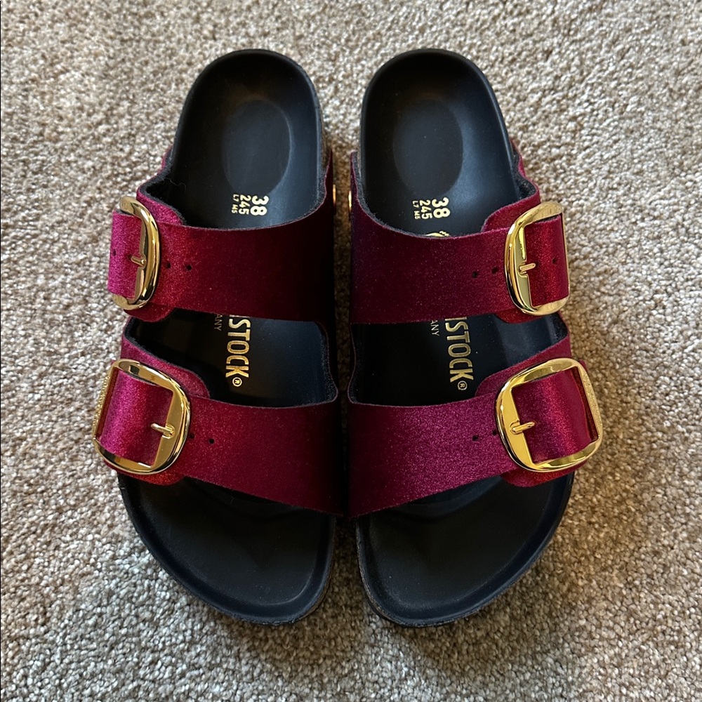Birkenstock Arizona Big Buckle Slide Sandal in Maroon Velvet with Gold Buckles